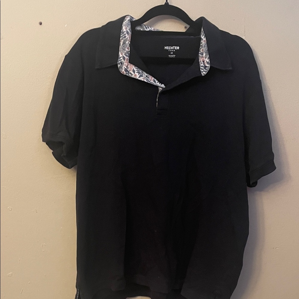 ECHT Black Short-Sleeve Polo with Patterned Inner Collar